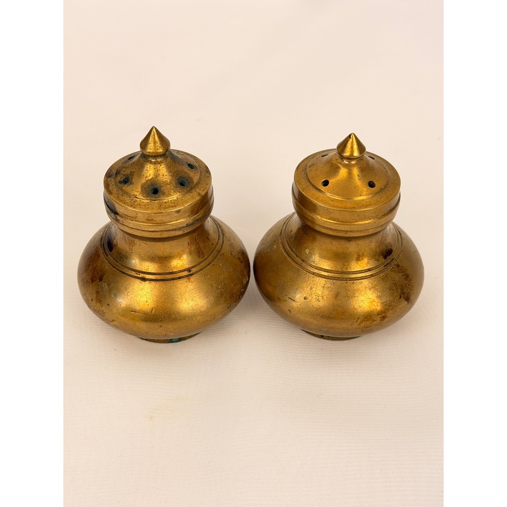 Vintage Solid Brass Salt and Pepper Shakers Set Heavy Metal Aged Patina 2.75"